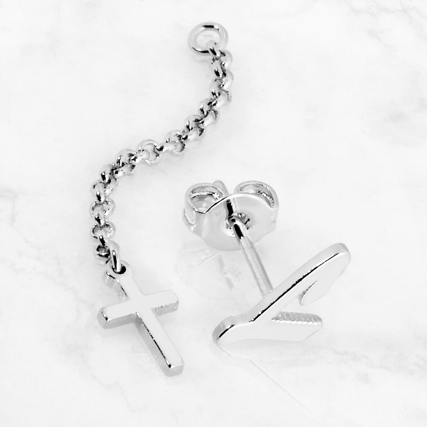 Personalized Planet Women's Script Initial Earring with Cross Dangle Button Drop Earrings