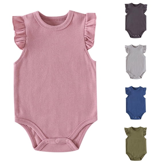 RMGVDSD Infant Baby Girls Ruffle Sleeve Bodysuit Solid Color Casual Plain Romper Onesie Newborn Baby One-Piece Outfits Summer Clothes 18-24 Months