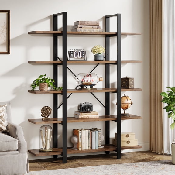 Fnova 72" Industrial 5-Tier Bookshelf, Tall Display Shelf with Metal Frame, MDF Board, Heavy-duty Storage Rack for Kitchen, Dining Room, Living Room, Office, Bedroom, Easy Assembly