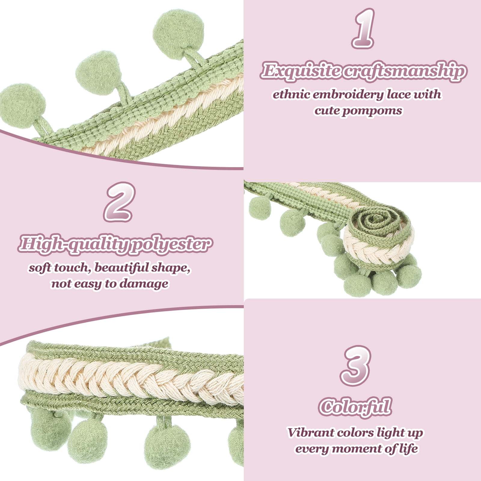 Uxcell 10 Yards Embroidered Pom Pom Ribbon, Fabric Trim Fringe Pom Pom Crafts Tassel Lace for Sewing DIY Clothing Bag Bedding Pillow Curtain Decoration, Vanilla Green