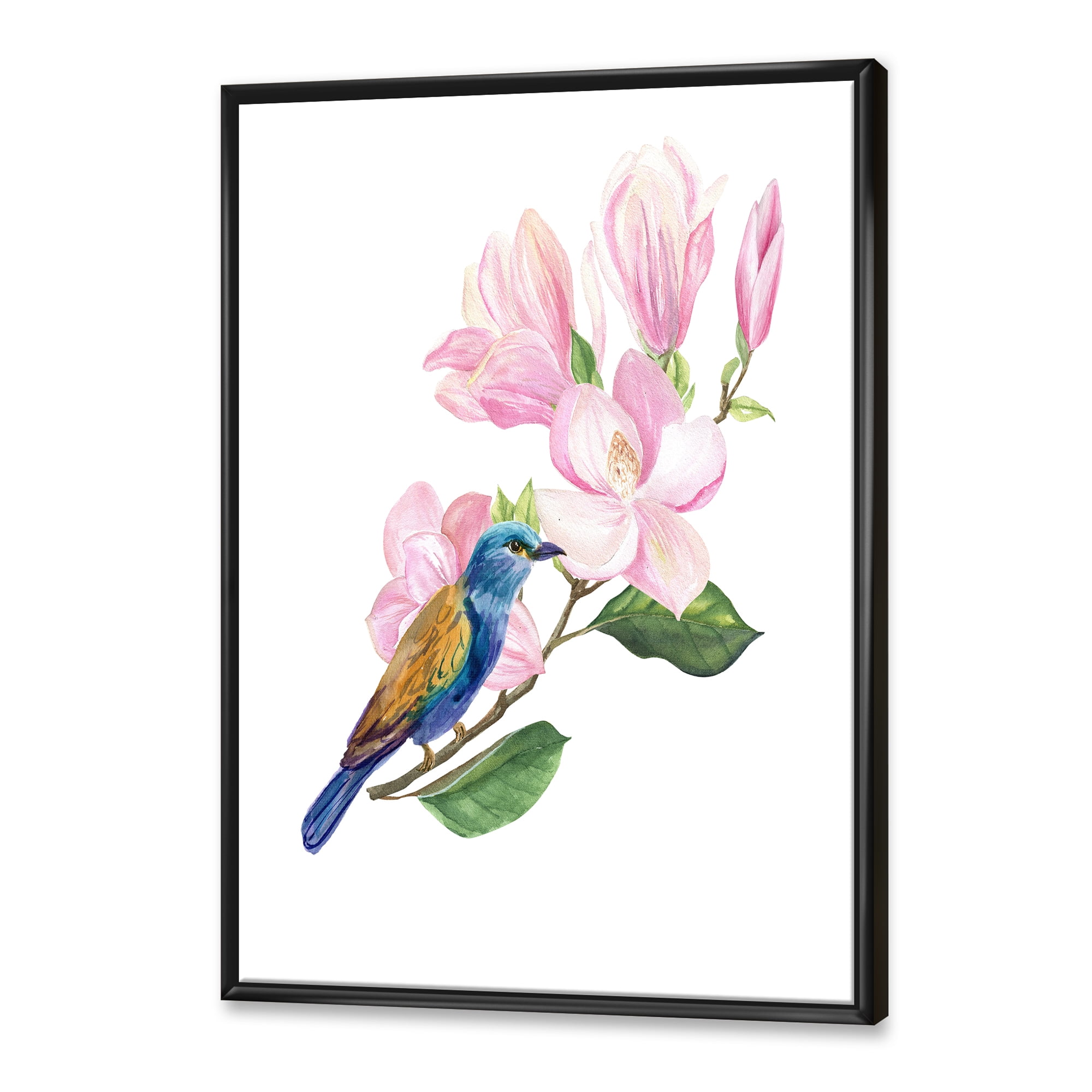 Blue Bird Sitting On A Pink Magnolia 24 in x 32 in Framed Painting Canvas Art Print, by Designart
