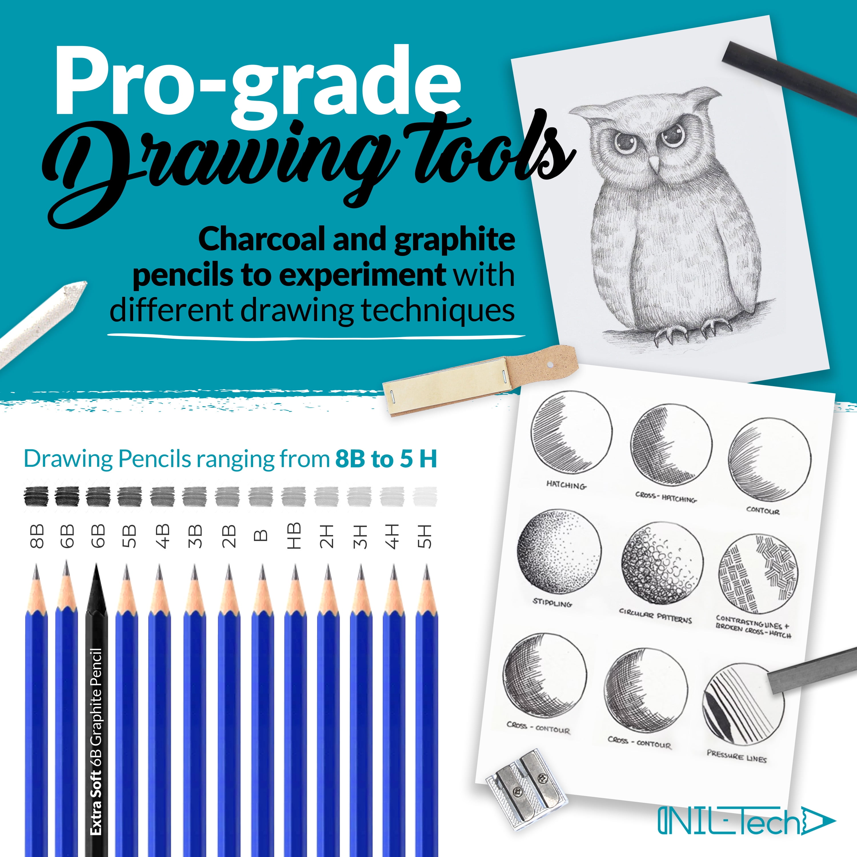 NIL-Tech 37-Piece Sketch Kit for Charcoal & Realism Art for Beginners and Advanced Artist Gifts