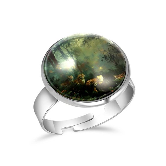PhooArto Forest Tiger Painting Stainless Steel Rings for Women, Open Adjustable Ring Promise Ring Jewelry Gifts