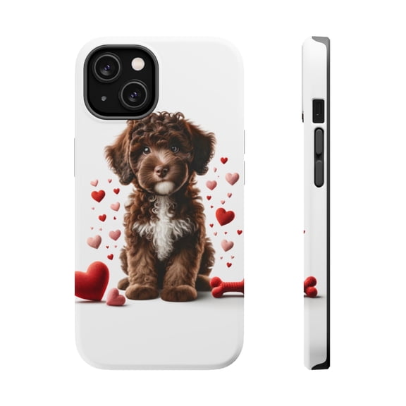 DistinctInk Tough Case for Apple iPhone 14 (6.1" Screen), Compatible with MagSafe Charging - Valentine's Day Spanish Water Dog Puppy