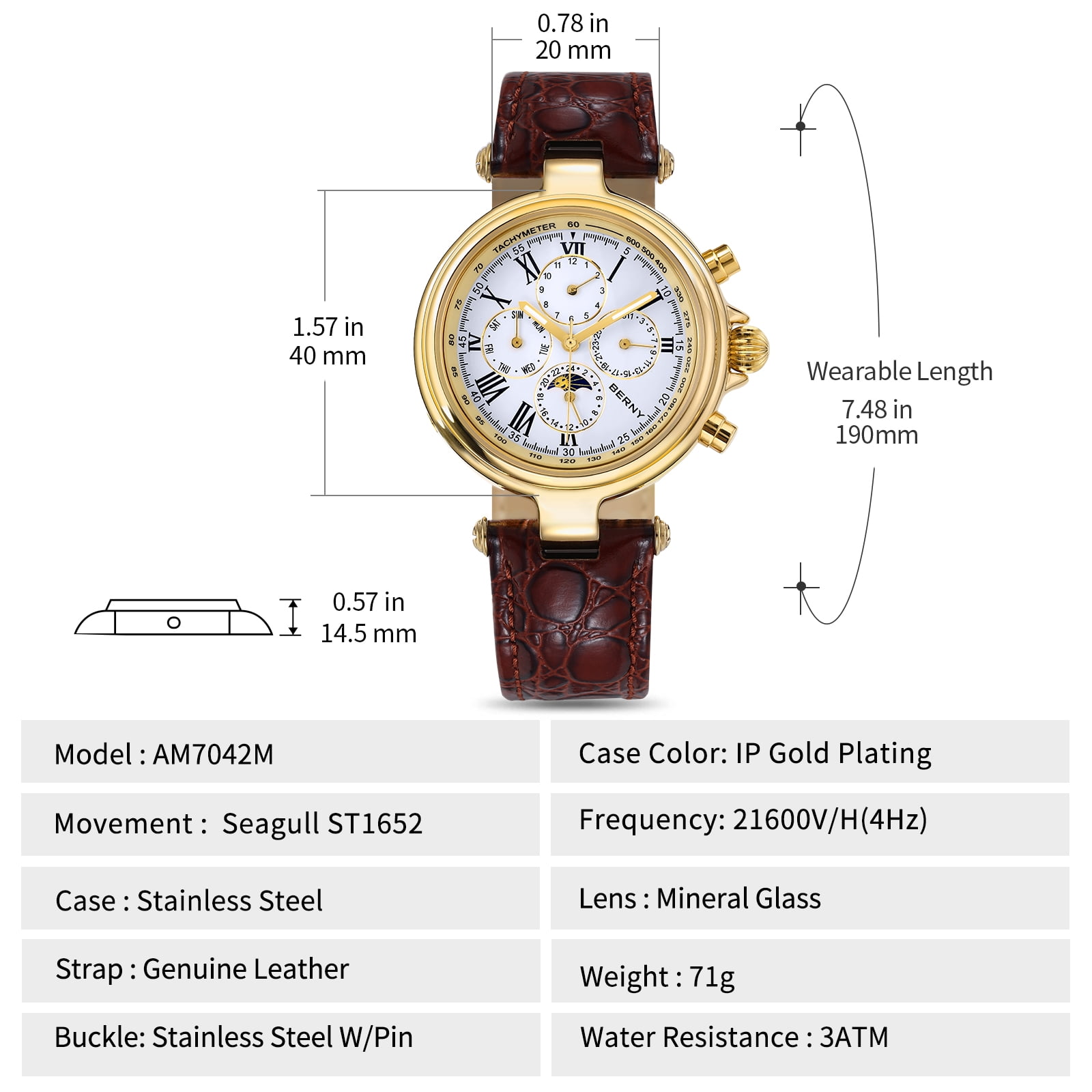 BERNY Automatic Watch for Men Classic Mechanical Self Winding Wristwatch 3ATM Waterproof Multi-Functional Dials Date, Week, Month and Moon Phase