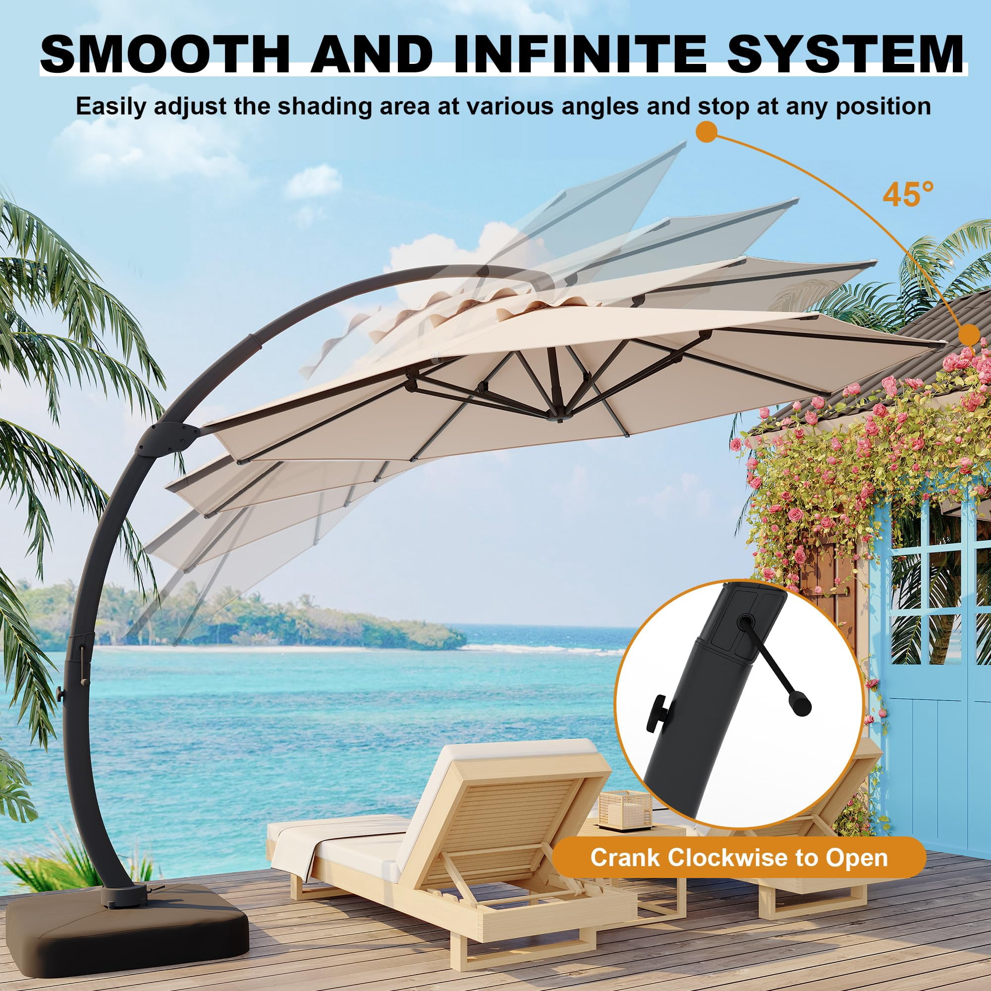 Memoryfield Outdoor Large Round Aluminum Cantilever Market Umbrella, Heavy-Duty Offset Patio Umbrella with 360° Rotation & Base Included, Khaki