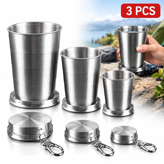 Collapsible Cup 3 Pack, 8.5 oz 5.1 oz 2.5 oz Stainless Steel Travel Cups with Lids and Clips for Camping Hiking
