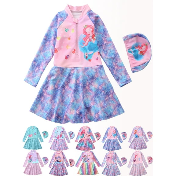 BULLPIANO Toddler Girls Swimsuit One Piece Mermaid UPF 50 Dress Swimwear with Hat 3-10 Years