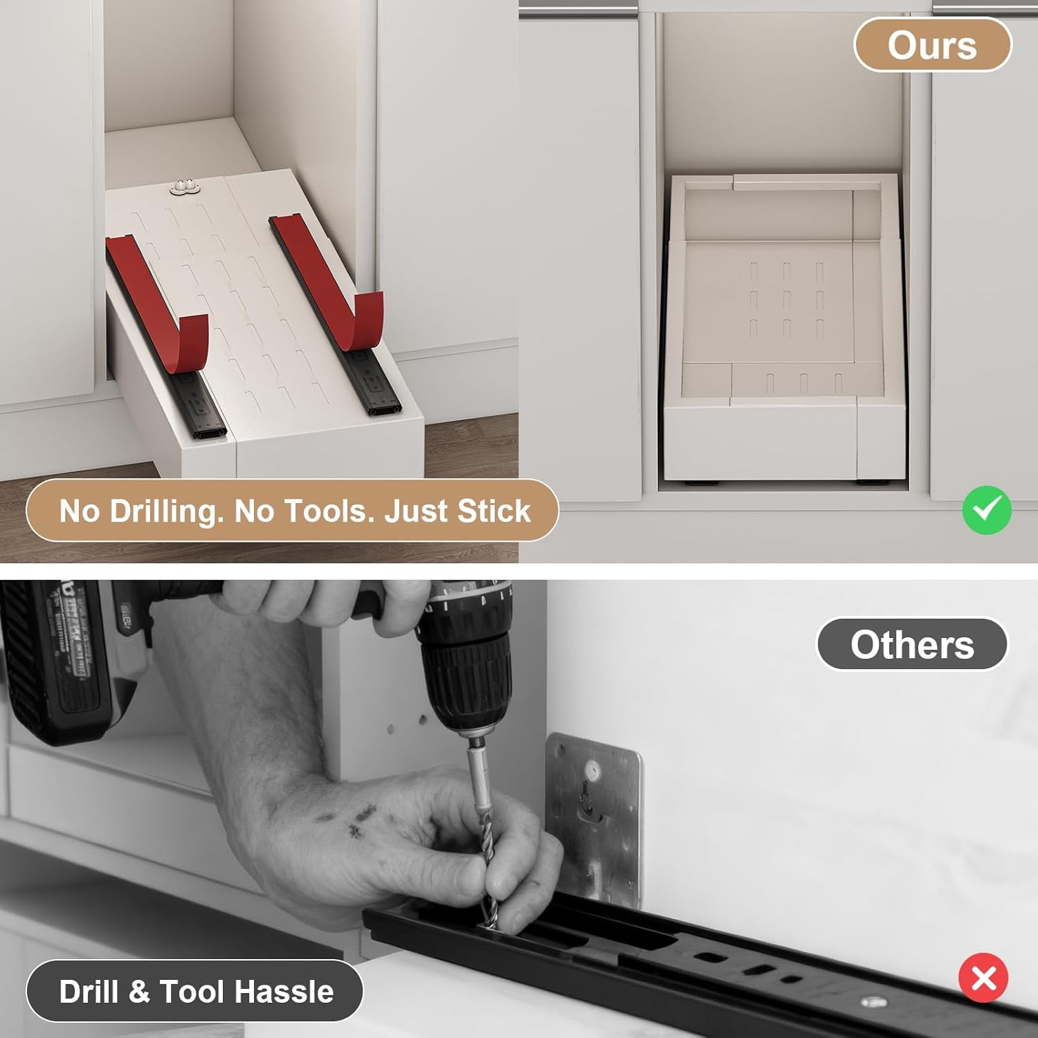 Pull out Cabinet Organizer,Expandable Width(7"-11"),Depth(17"-24"),Roll out Drawers,No Drill Adjustable Slide out Shelves for Kitchen,Pantry,for Both Lip and Lip-Free Cabinets,White(1PC)