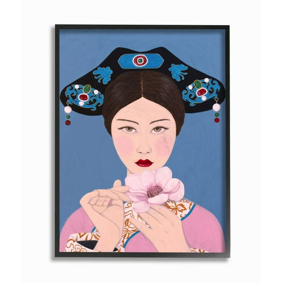 Stupell Industries Chinese Woman And Flower Pink Blue Painting Black Framed Art Print Wall Art, 16x20, by Sally B