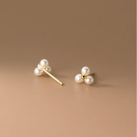 EOEMY Gold Plated 925 Sterling Silver Triple Pearl Beads Stud Earrings Studs
