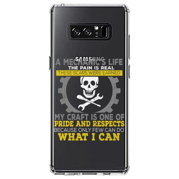 DistinctInk Clear Shockproof Hybrid Case for Samsung Galaxy Note 8 - TPU Bumper Acrylic Back Tempered Glass Screen Protector - Mechanic's Life Pain Is Real Pride Respect