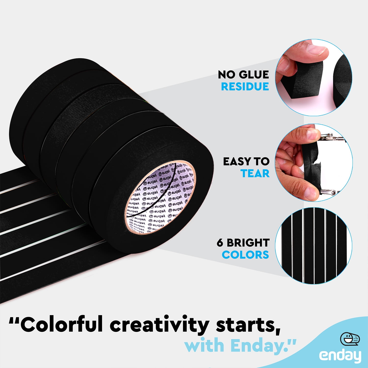 enday Masking Tape, 1" x 60 Yards, Black, Pack of 6