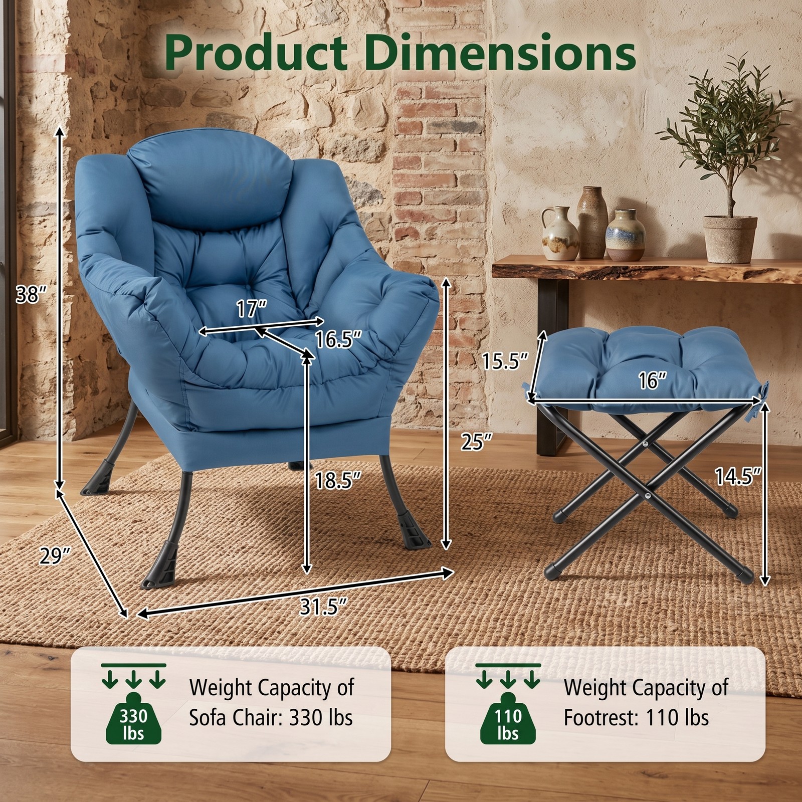 Furnibear Modern Accent Sofa Chair with Folding Footrest Ottoman, Upholstered Reading Armchair with Side Pocket for Living Room Bedroom Balcony, 330 lbs Capacity, Navy
