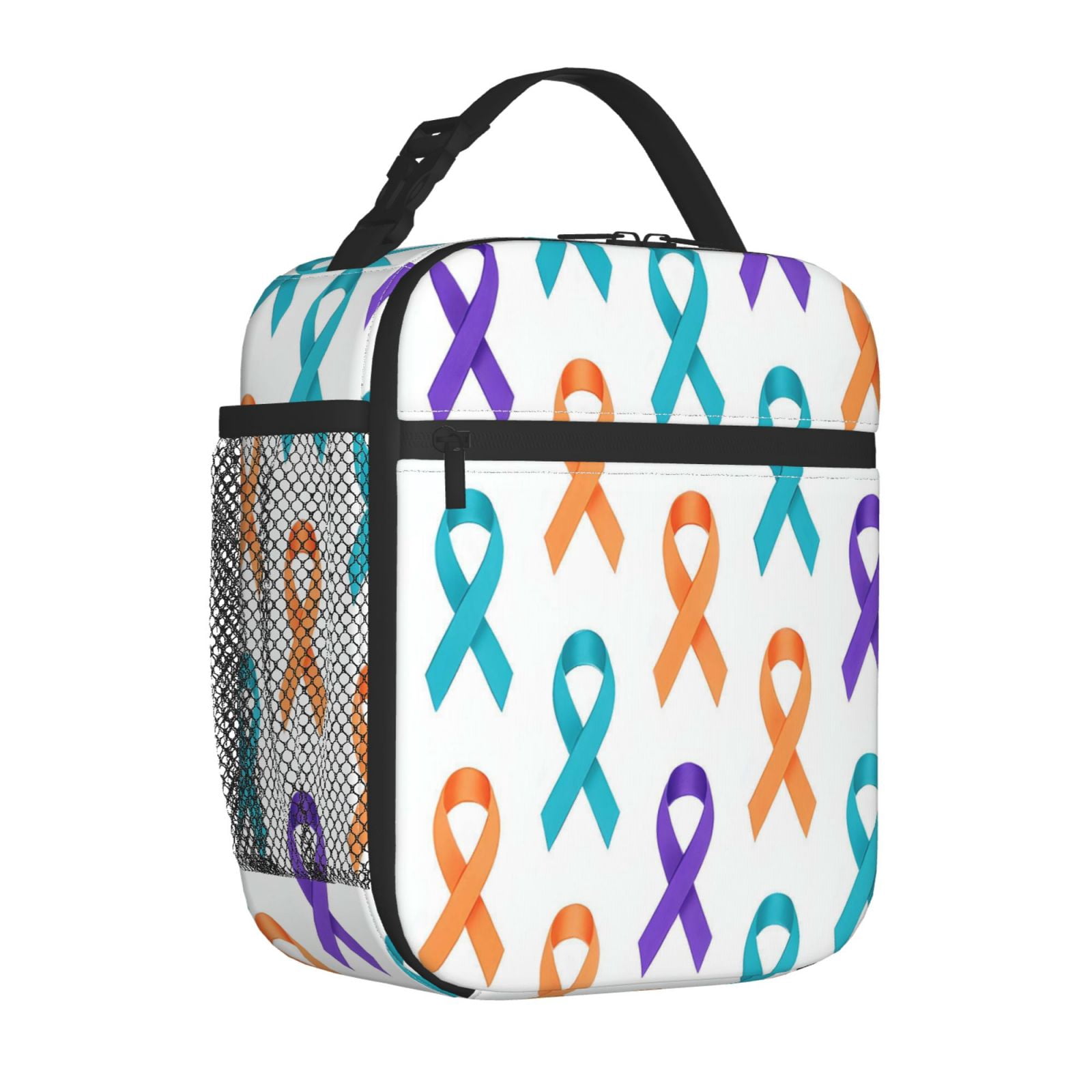 Lunch Bag For Women Men Insulated Portable Lunch Box Bento Box Office Picnic Travel Cooler Bag Cancer Awareness Ribbon Pattern - Modern Grid