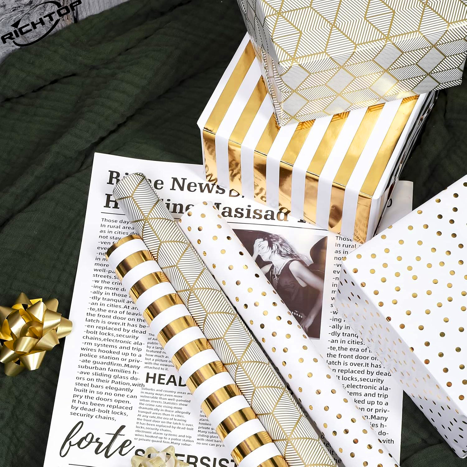 Richtop Gold & White Foil Wrapping Paper Rolls, 3-Pack photo 2