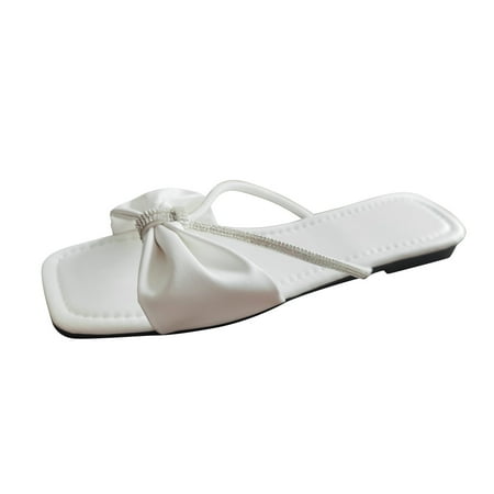 

Krdevn Ladies Fashion Solid Color Leather Rhinestone Butterfly Knot Open Toe Flat Slippers White 7.5