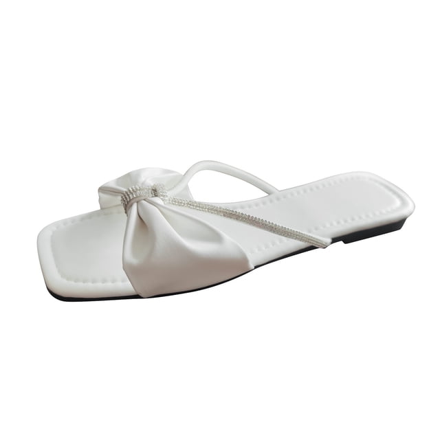 HBFAGFB Slippers Womens Fashion Ladies Leather Rhinestone Knot Open Toe Flat Slippers White Size 40
