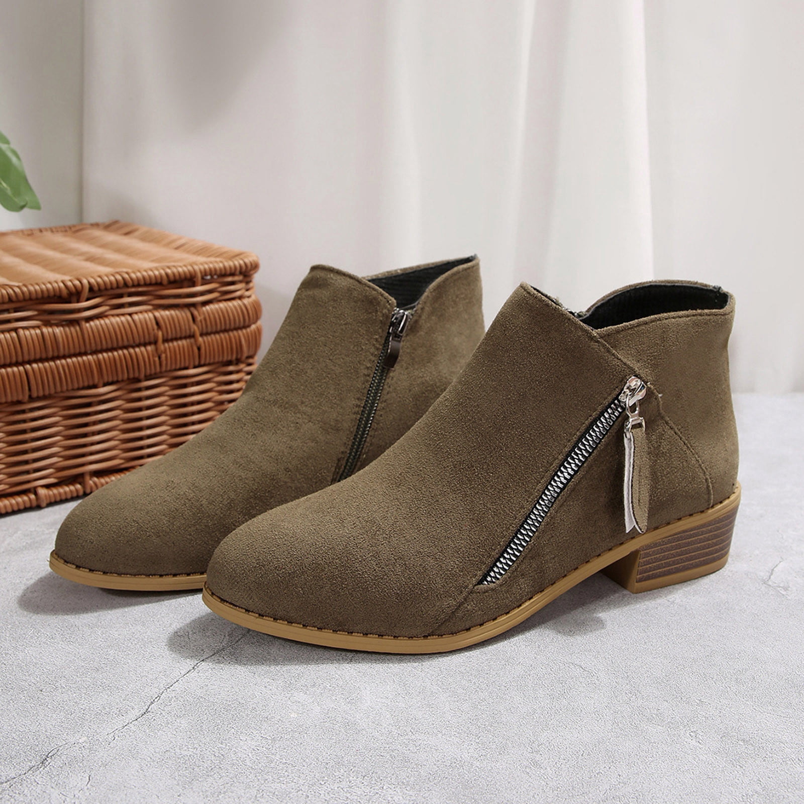 Wensltd Ankle Boots for Women Low Heel Round Toe Chunky Short