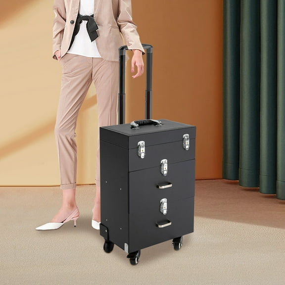 Pink/Black 3 Trays Rolling Aluminum Makeup Train Case Salon Cosmetic Trolley Organizer Box Drawer Universal Wheel