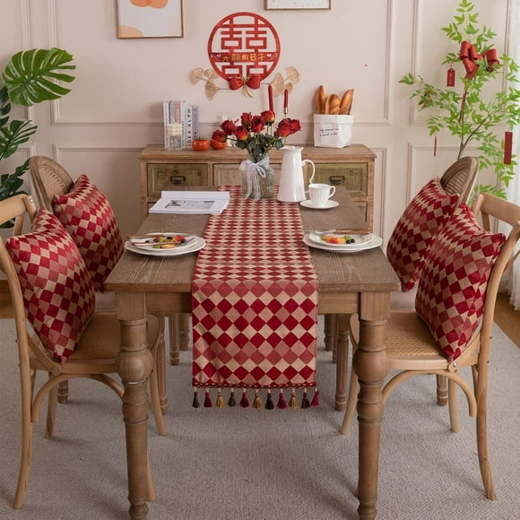 Austria Red White Stripes 2025 New Year Christmas Table Runner, Seasonal Winter Kitchen Dining Table Decoration