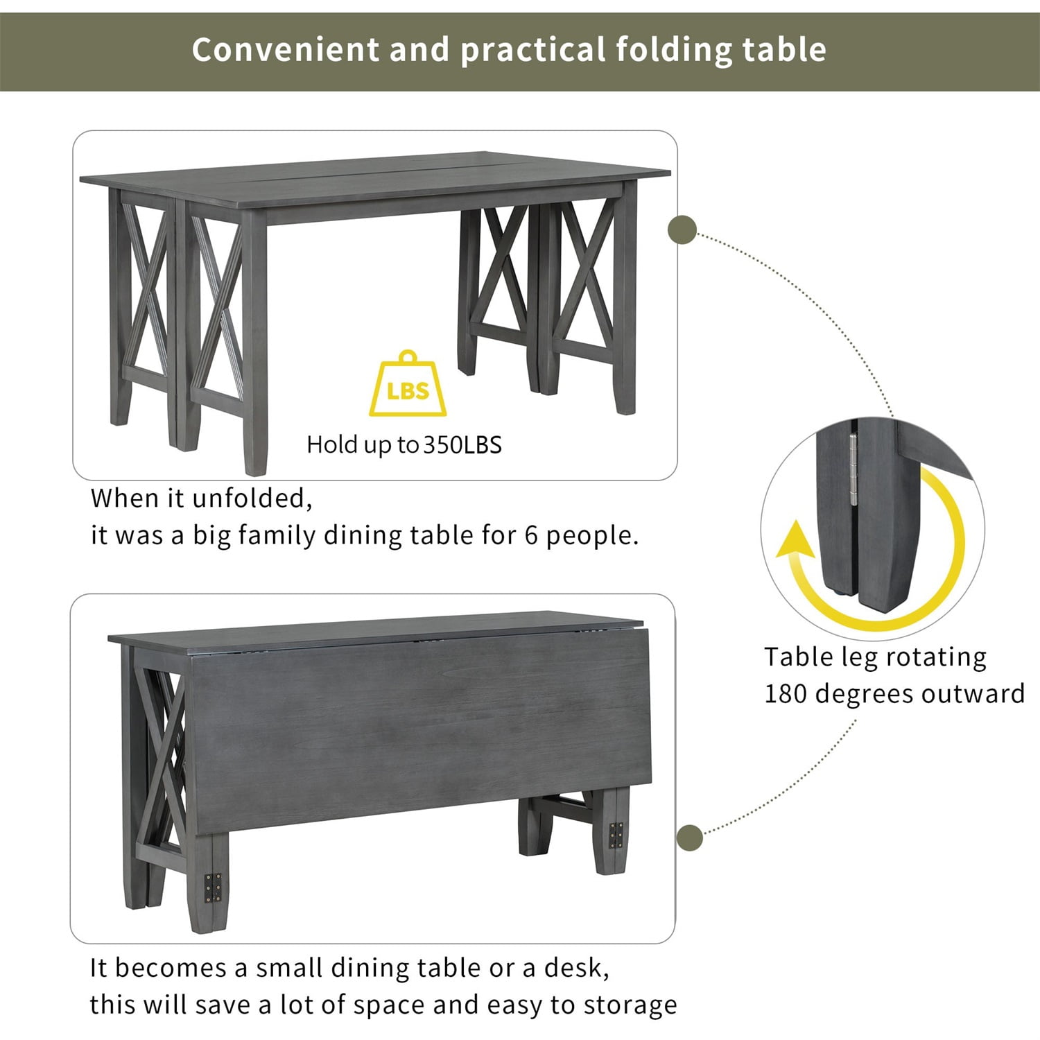 Kadyn Dining Table Set for 6, Living Room Table Set with Foldable Table and 4 Chairs with Bench, 6-piece Family Dining Room Set for Dining Room, Gray Kadyn Dining Table Set for 6, Living Room Table Set with Foldable Table and 4 Chairs with Bench, 6-piece Family Dining Room Set for Dining Room, Gray
