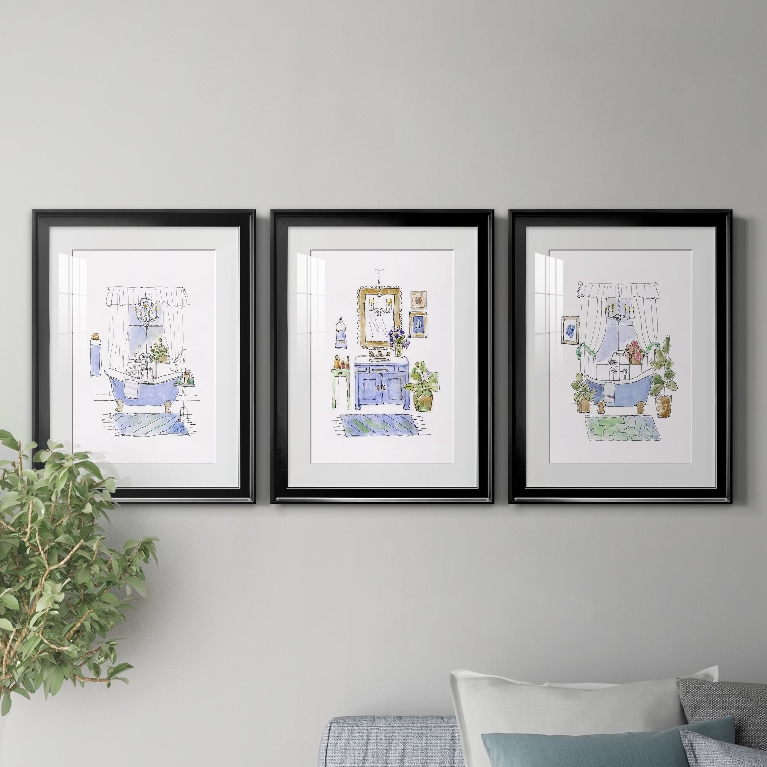 Sketchy Bath I Premium Framed Prints Set of 3 - Ready to Hang - 22 x 30 Each - Black Frame