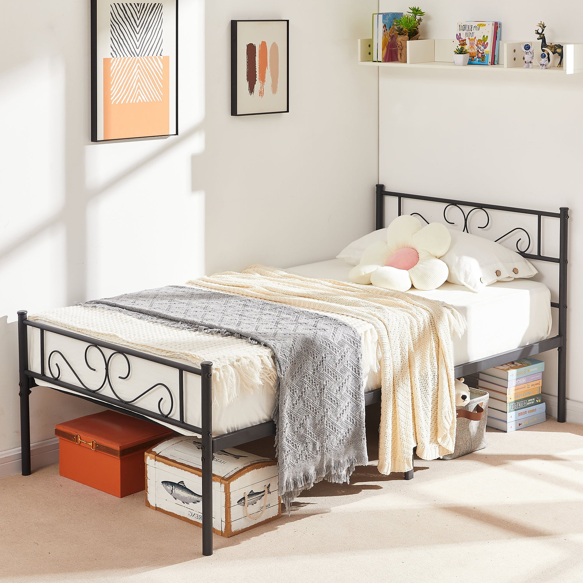 VECELO Twin Metal Platform Bed Frame, Mattress Foundation with Headboard & Footboard, Black