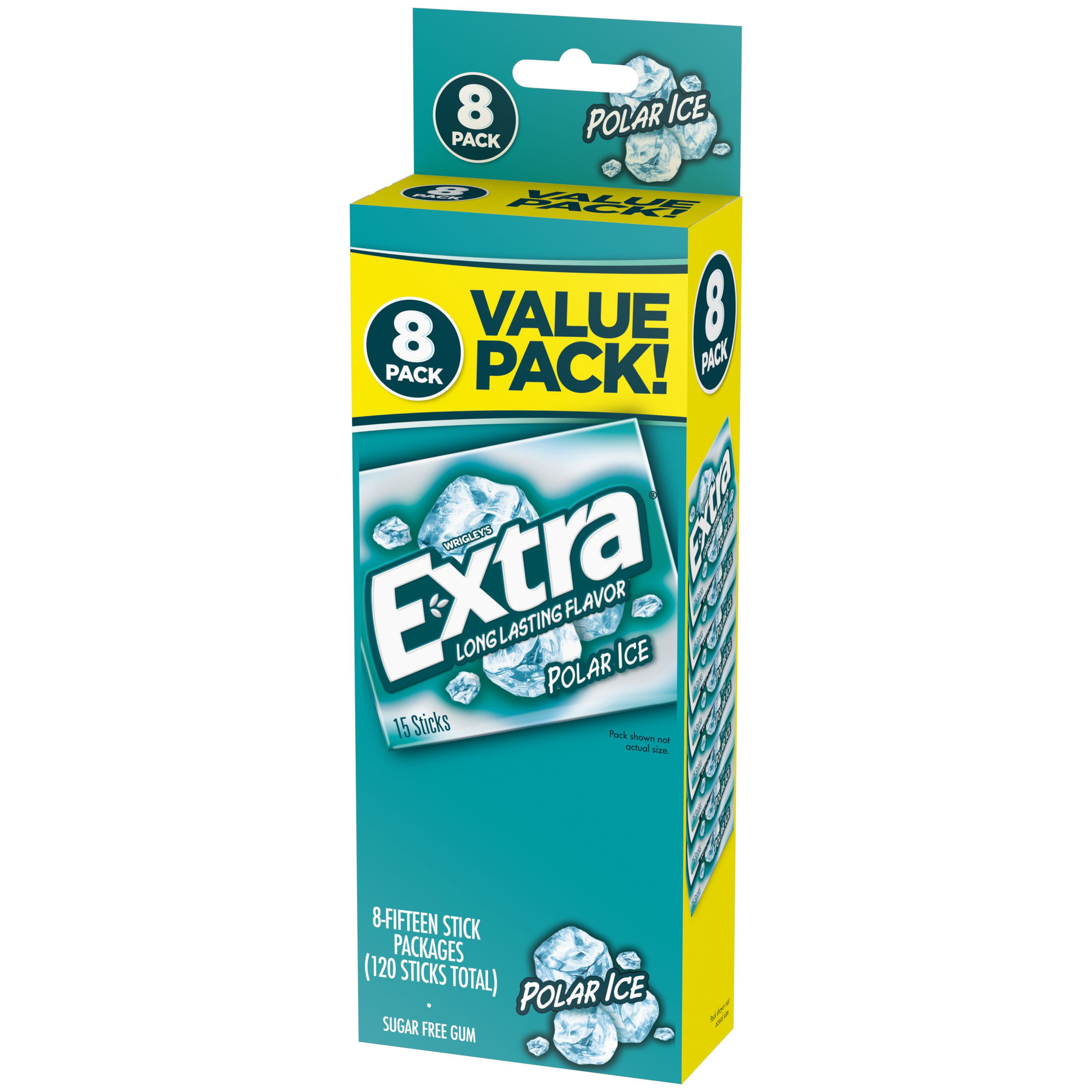 (3 pack) EXTRA Polar Ice Sugar Free Chewing Gum, Icy Mint Flavor, 15 Sticks per Pack, 8 Pack Bulk Assortment