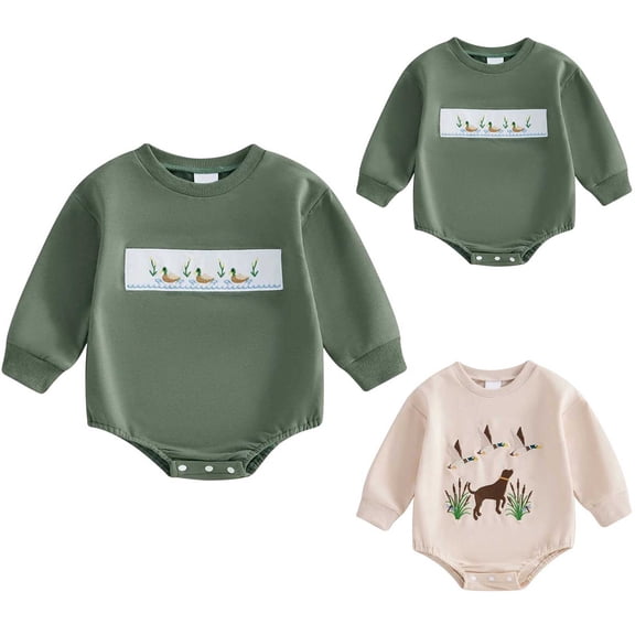 larppty Baby Boy Hunting Outfit Duck Embroidery Baby Romper Long Sleeve Crew Neck Bodysuit Newborn Infant Fall Clothes(Beige, 3-6 Months)