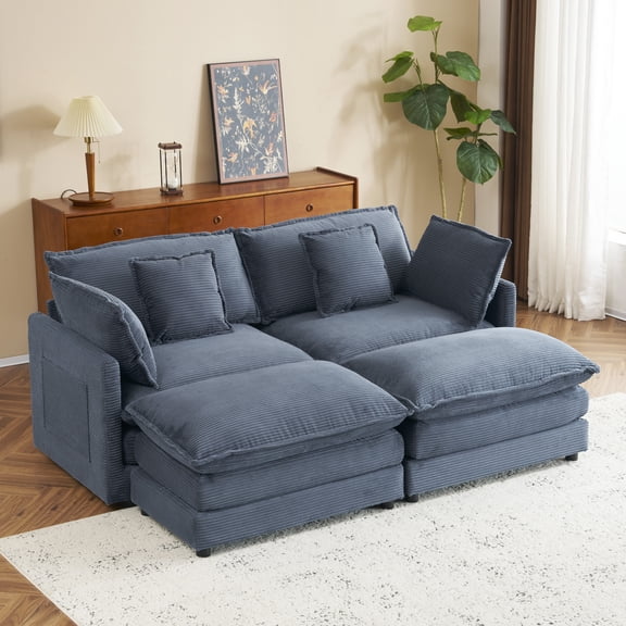 Euroco 75.6" Modern Sofa Modular Sofa Couch Upholstered Corduroy L-Shape Sectional Sofa with Side Storage Pockets for Living Room