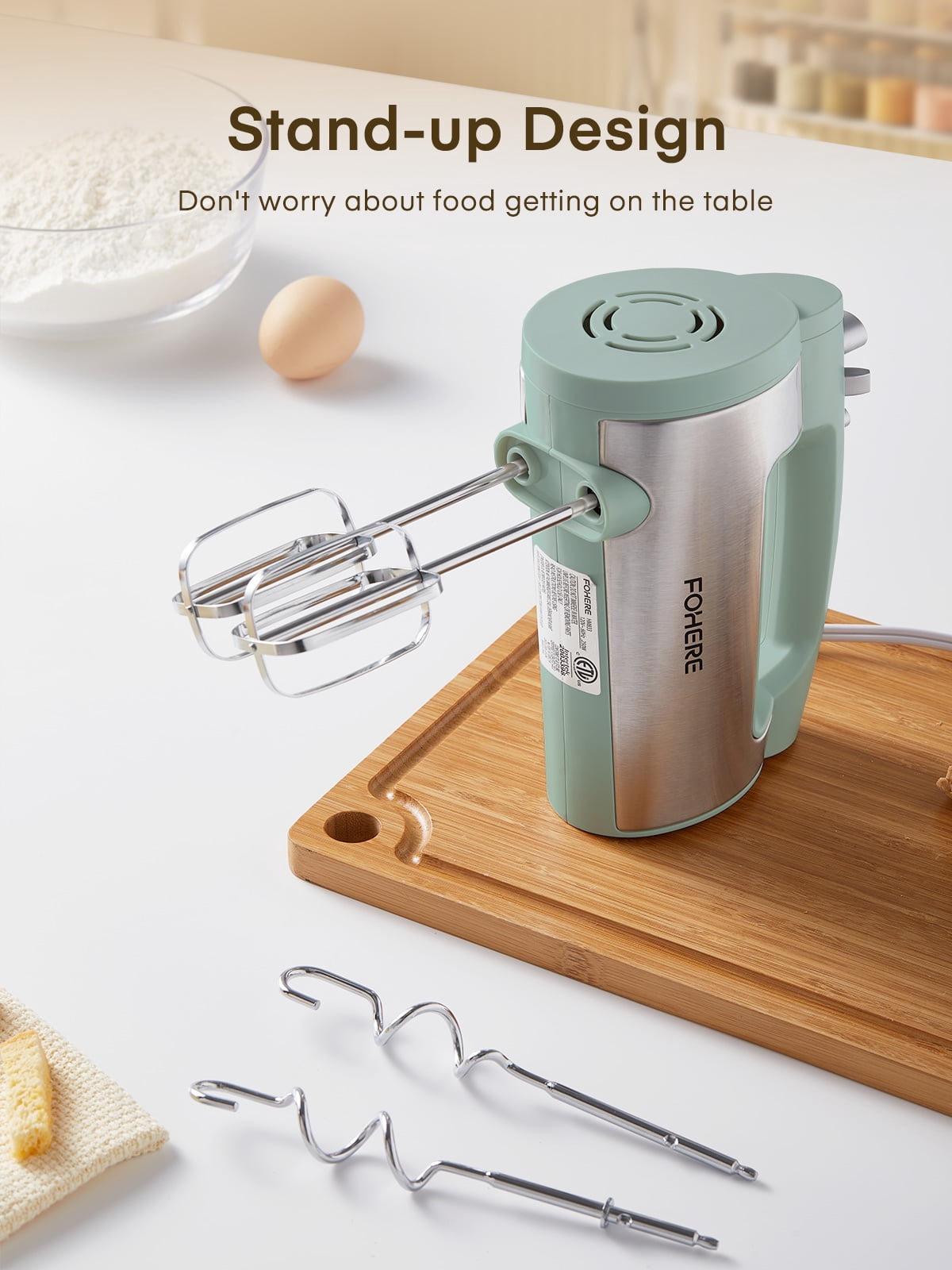 FOHERE 6 Speed Hand Mixer with Turbo Boost, Kitchen Hand Held Mixer Immersion Blender for Food Whipping, Includes 3 Attachments, Green