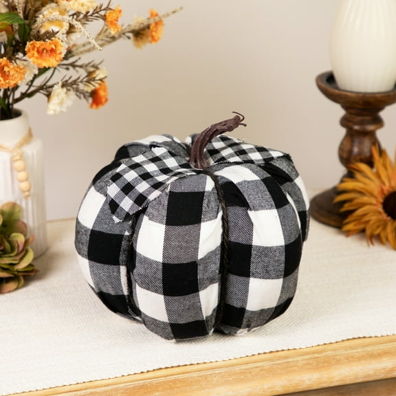 6.75" Black and White Fall Harvest Tabletop Pumpkin