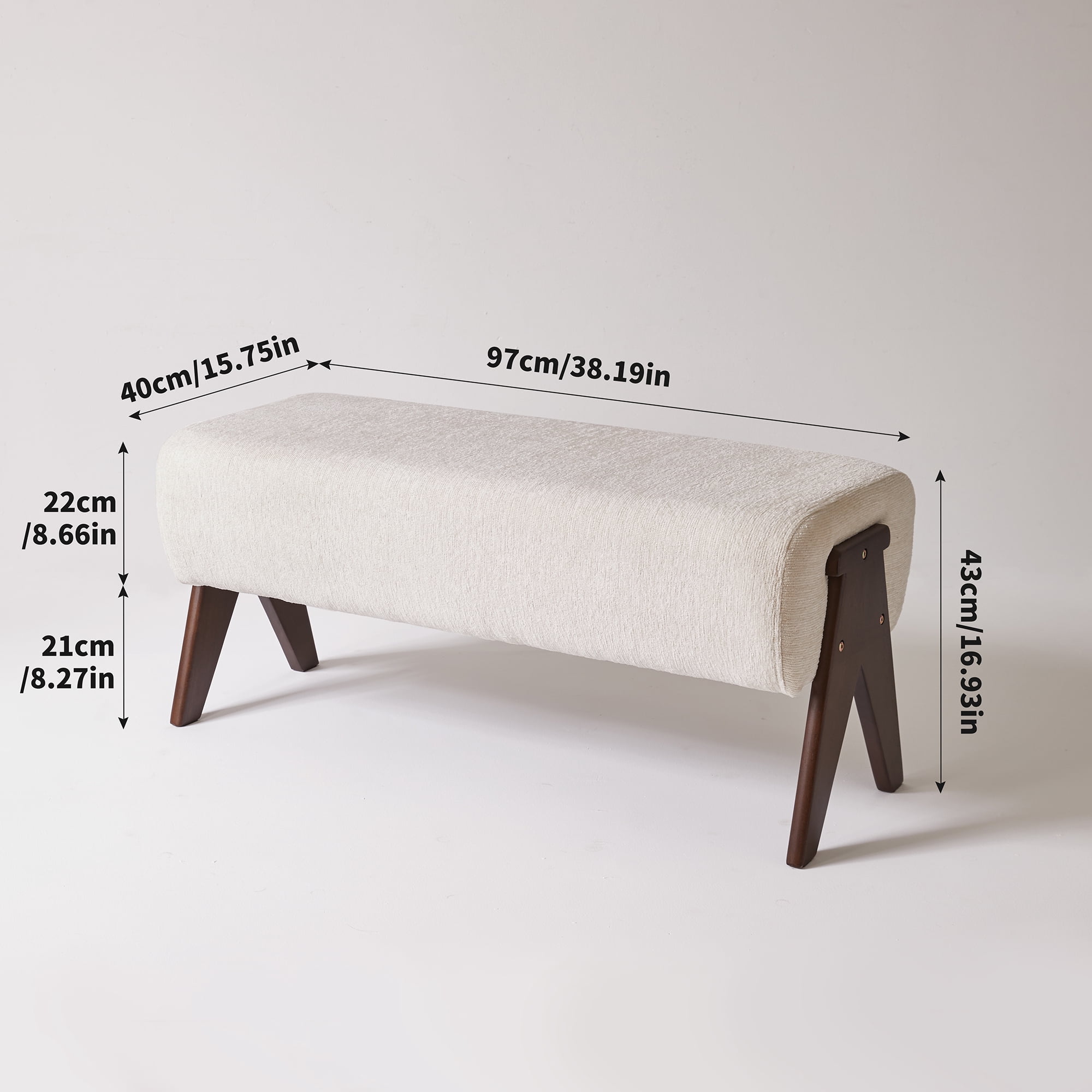 Chenille Upholstered Bench with Solid Wood Legs, White, 38.19 in x 15.75 in x 16.93 in