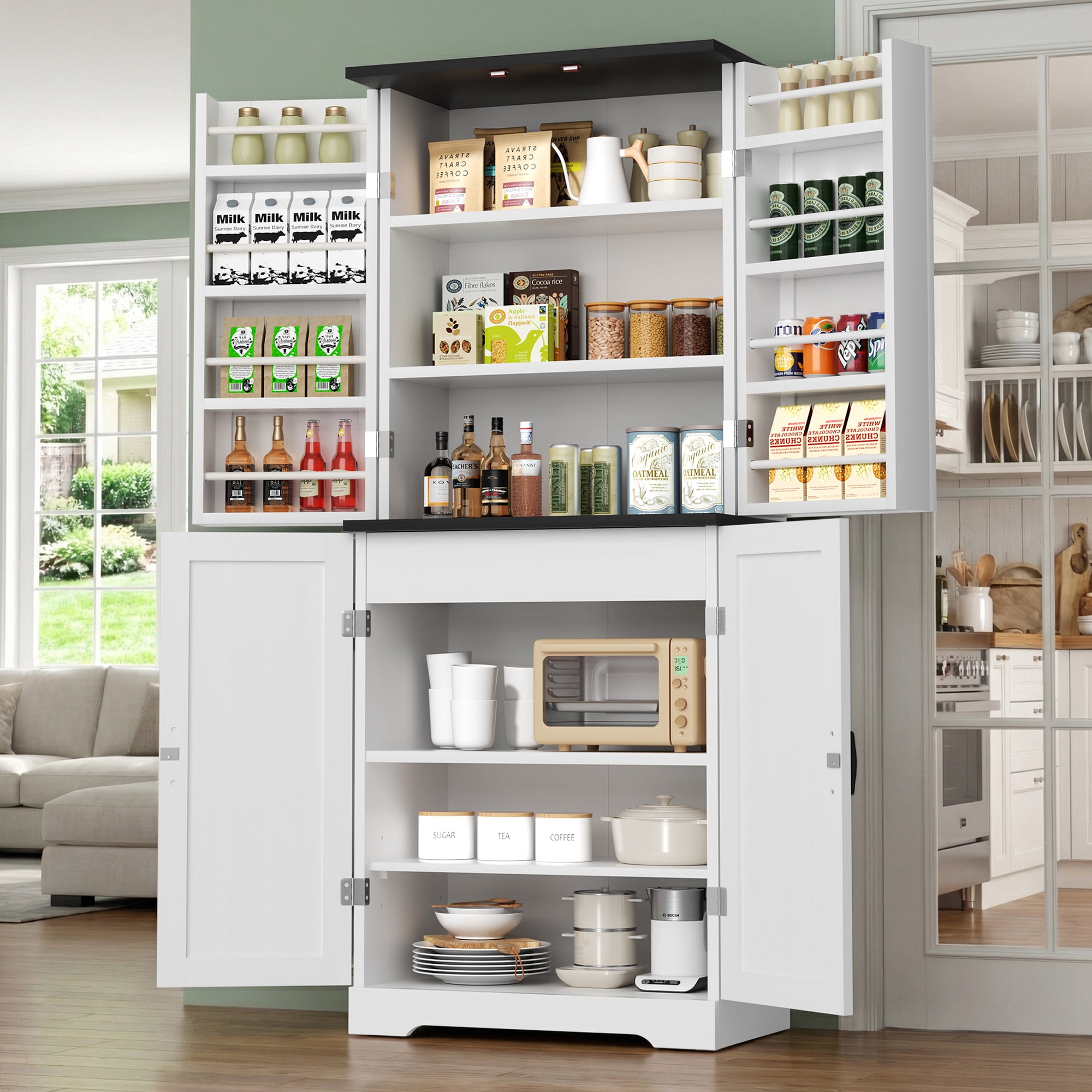Walsunny Pantry Cabinets with Drawer Doors Shelves 67 Inches Tall Wooden Food Storage Cabinet Freestanding for Microwave Kitchen Storage Dining Room White