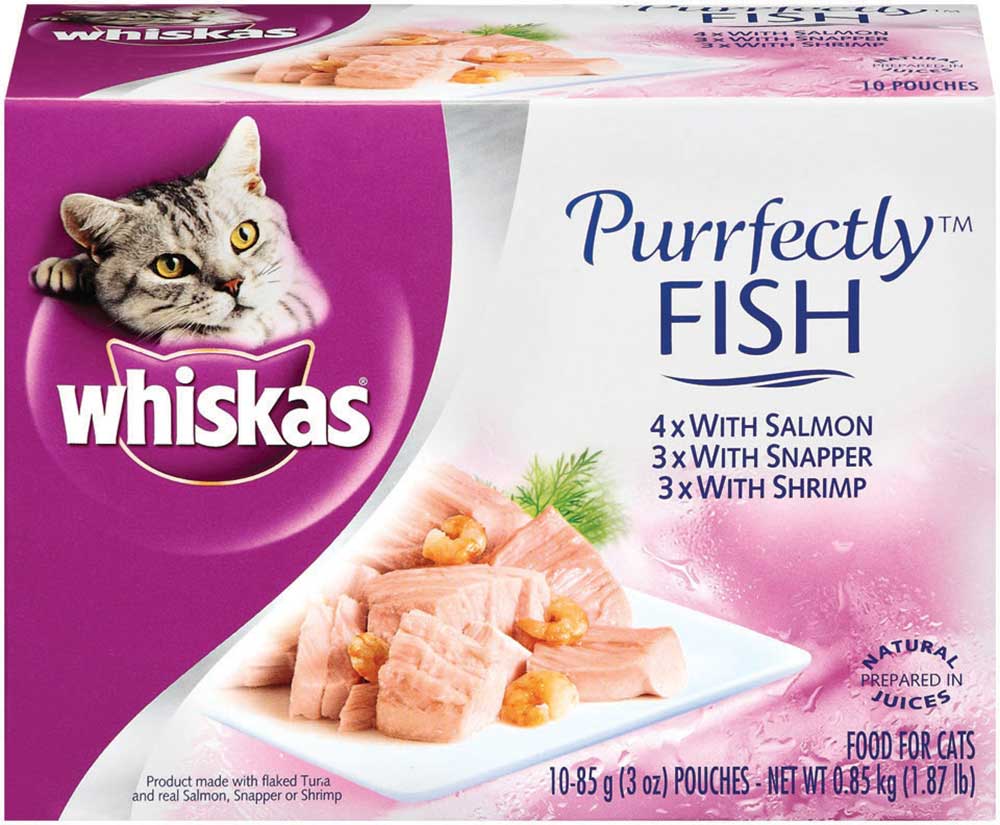 (10 Pack) Whiskas Purrfectly Fish Variety Pack Wet Cat Food, Featuring Salmon, 3 oz. Pouches - image 1 of 6