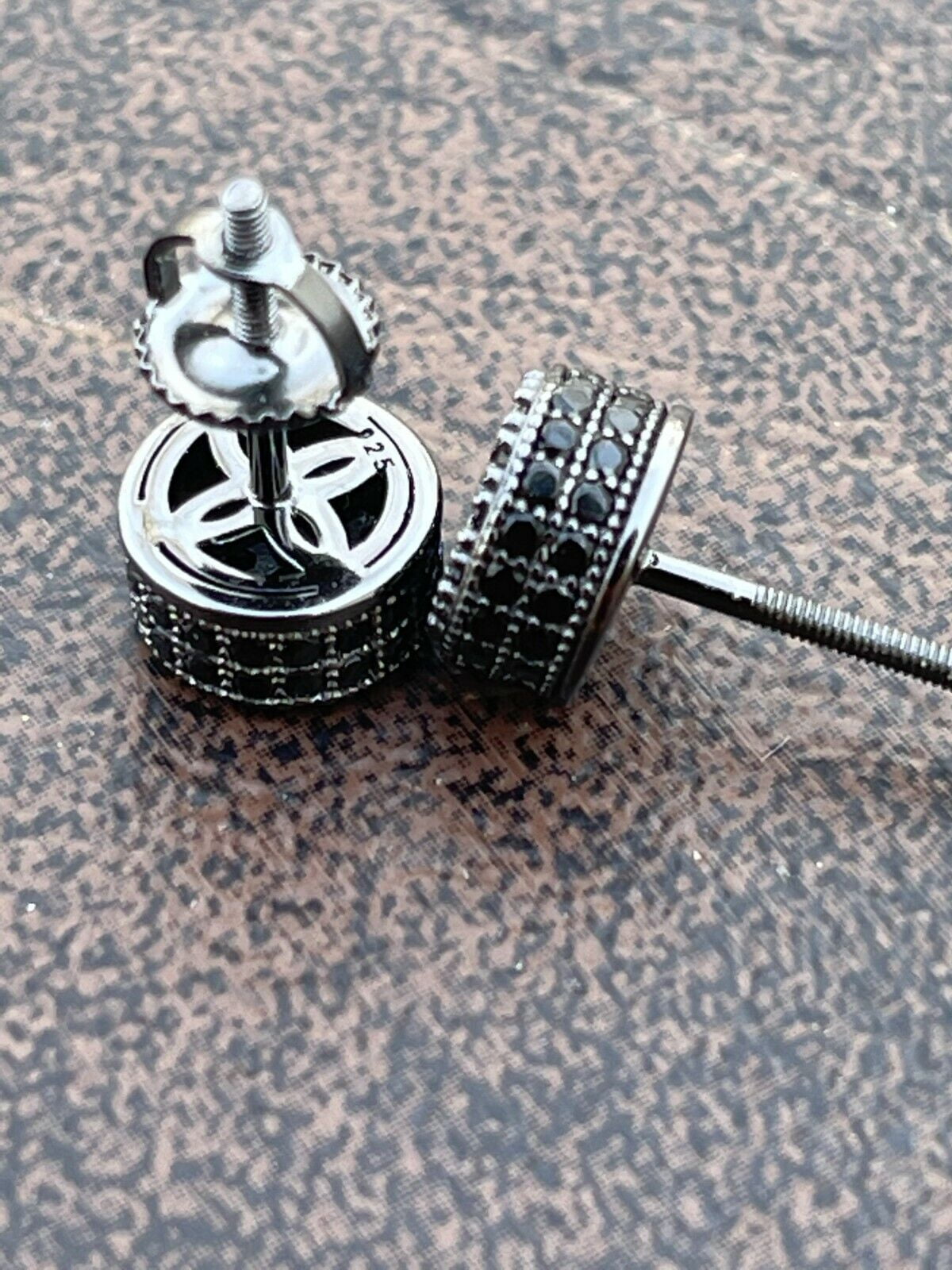 Divine Creation 1.20 Ct Round Cut Black Diamond Cluster Screw Back Mens Stud Earrings 14K Black Gold Plated 925 Sterling Silver