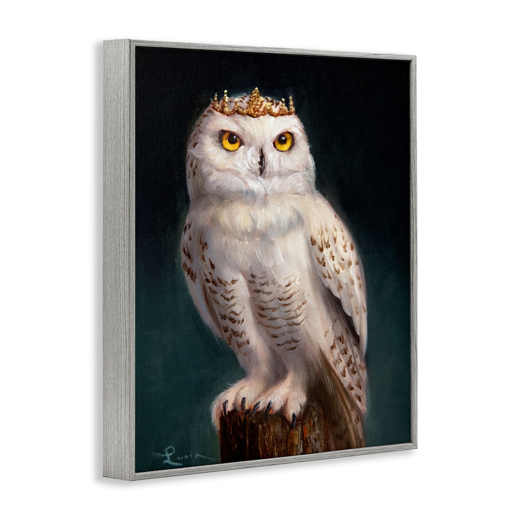 Snowy Owl King Gray Framed Giclee Art, design by Lucia Heffernan