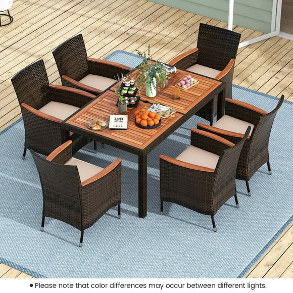 Costway Ensemble de Salle à Manger d'Extérieur en Osier 7 Pcs avec Table en Bois d'Acacia et 6 Chaises Empilables