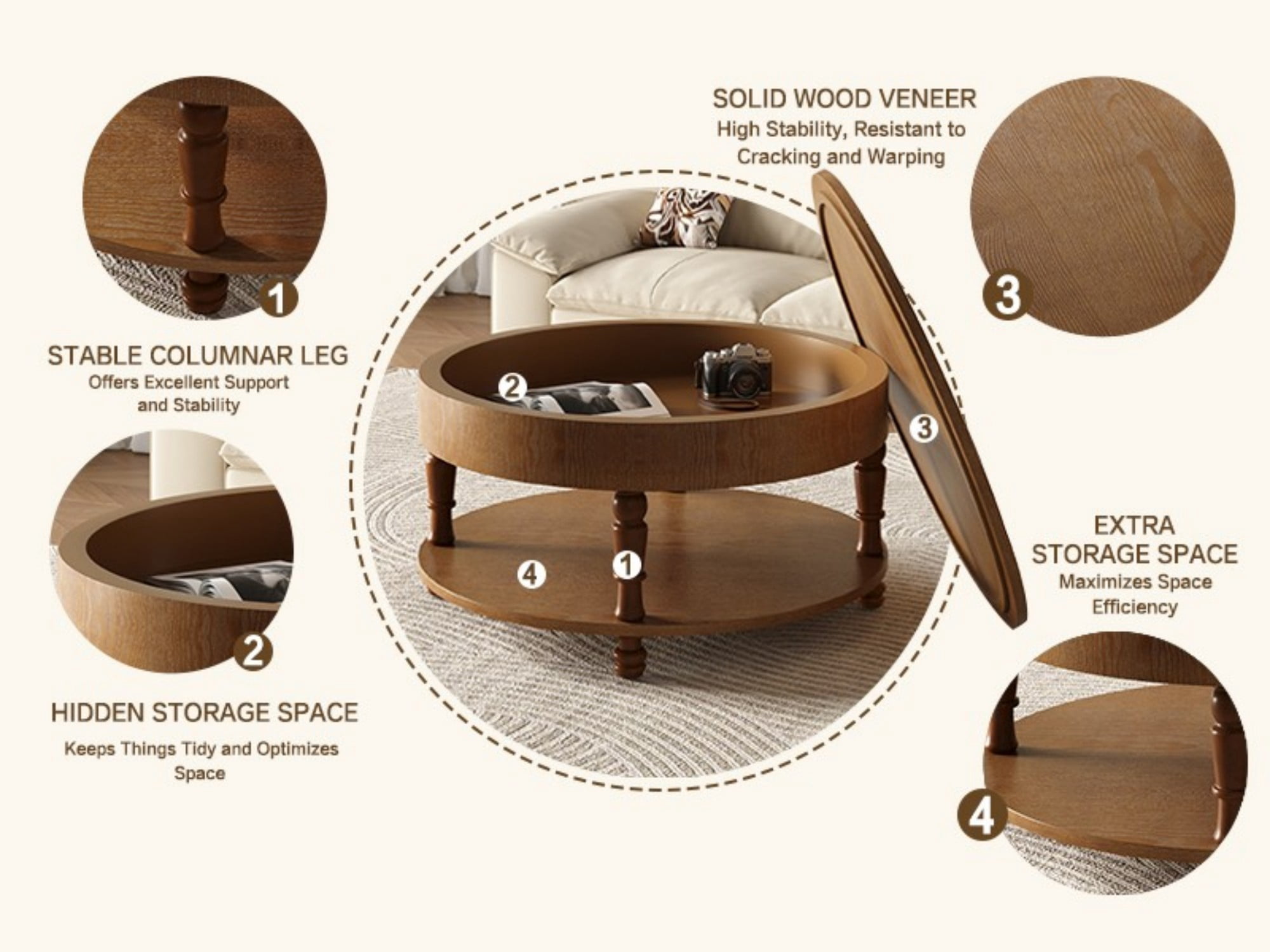 Round Coffee Table with Storage, 31.5" Modern Coffee Table with Hidden Compartment and Shelf, Wood Living Room Center Table, Walnut