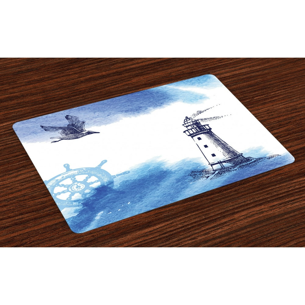 Lighthouse Placemats Set of 4 Nostalgic Watercolors with Gull Ancient