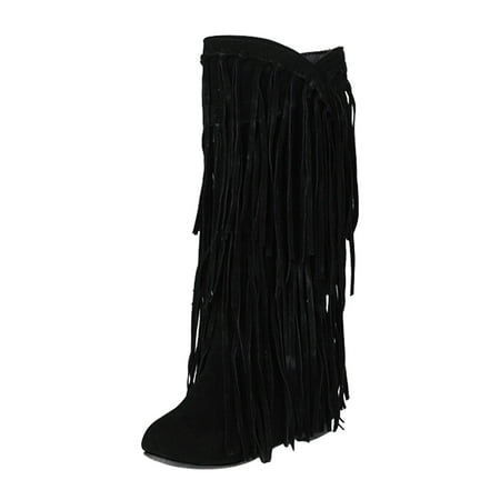 

wofedyo womens boots women s plus size winter heel fringe boots inside booster mid length boots boots for women