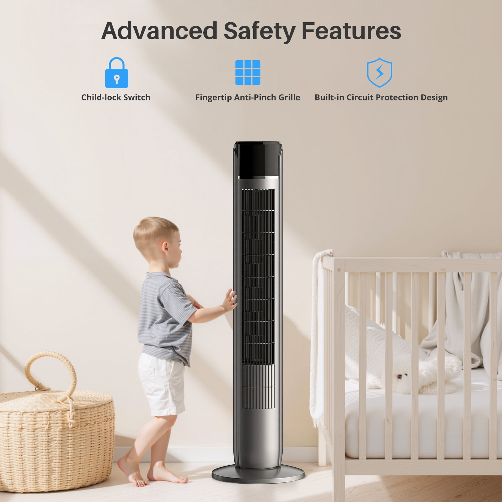 Tower Fan for Home, 36" Standing Floor Fan with Remote, Bladeless Fan Cold Air Quiet, 5 Speeds, 4 Modes, LED Display, Gray