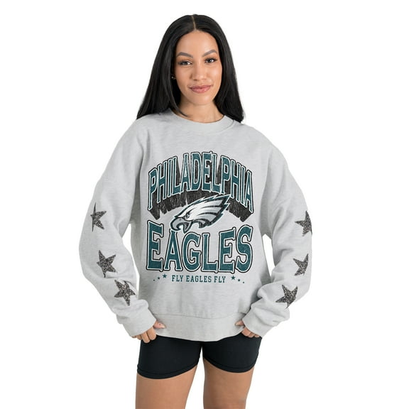 Women's Gameday Couture Ash Philadelphia Eagles Resilience Relaxed Rhinestone Pullover Sweatshirt