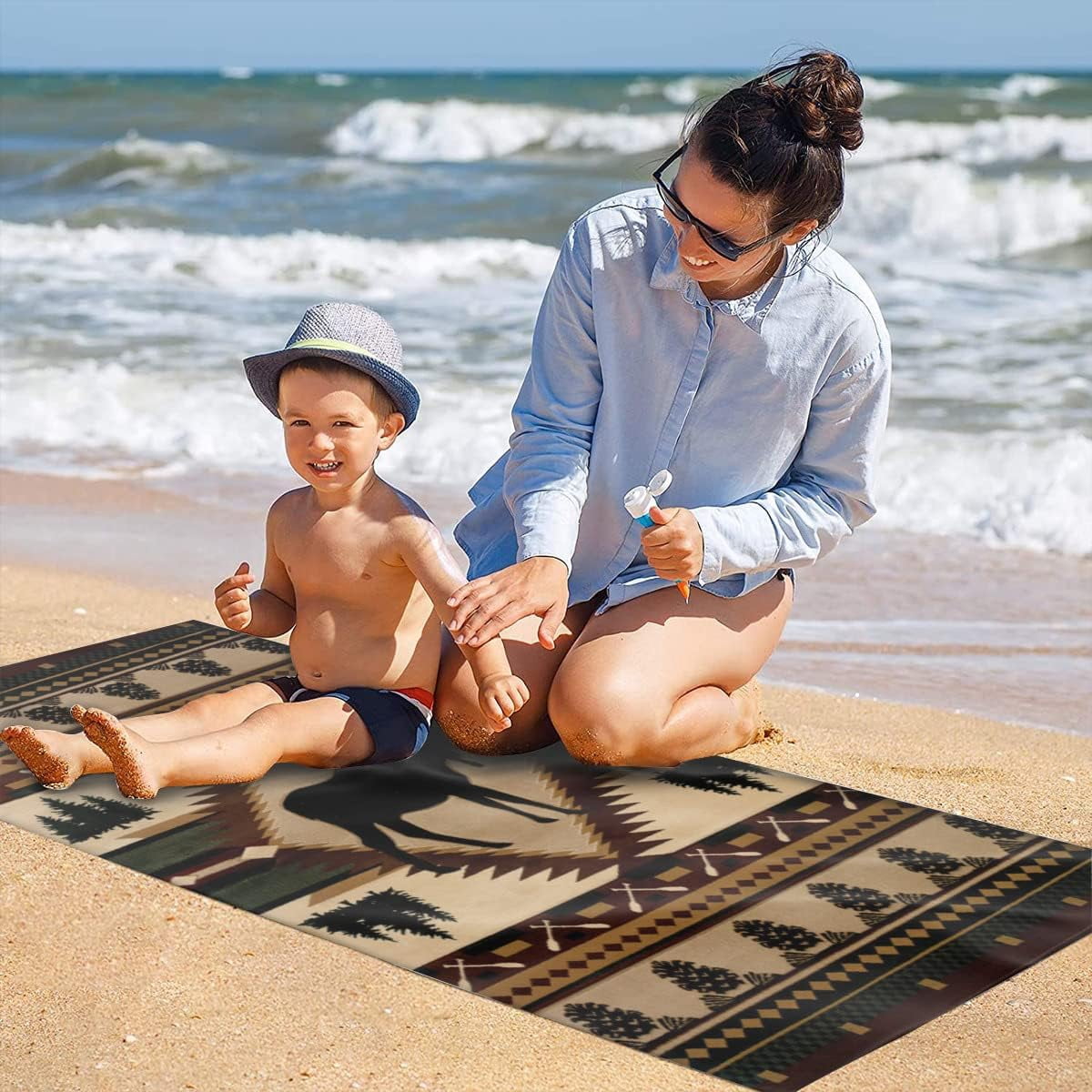 Retro Rustic Beach Towel, Moose Deer Bear Leaf Tree Country Style Farmhouse Microfiber Ultra Soft Quick Dry Highly Absorbent Bath Towels for Beach Party Outdoor Travel Swim Pool Yoga 33x52 Inch