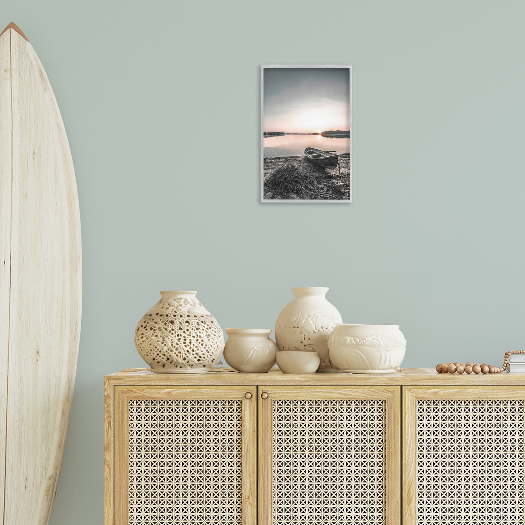 Stupell Industries Deserted Canoe on Shore Landscape Photography Gray Framed Art Print Wall Art, 12 x 18