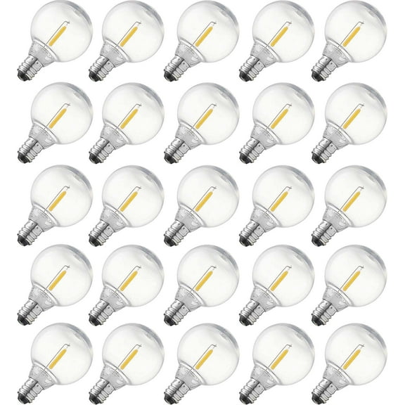 abulber 25 Pack G40 LED Replacement Bulbs, Clear Plastic Shatterproof Waterproof Outdoor String Light Bulbs,120V 0.6W E12 2700K,Warm White.