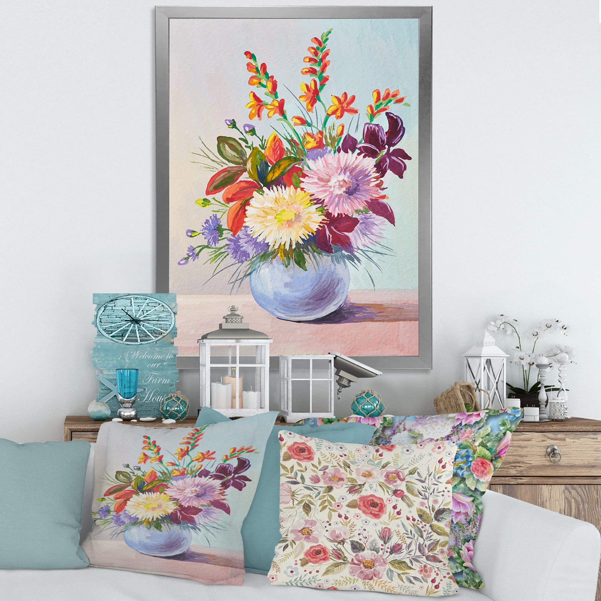 Designart 'Still Life With Asters On Colorful Flowers In Vase' Traditional Framed Art Print