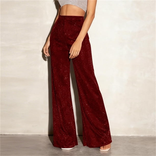 Pincandy Women's Solid Color Fashion Elastic Waist Silver Thread Wide Leg Pants, Loose Fit, Casual & Daily Wear