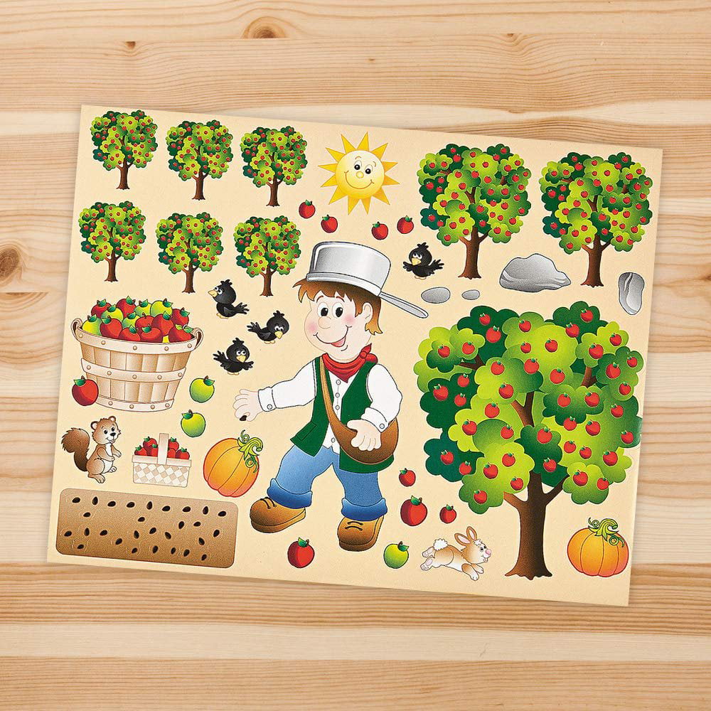School Activity Goody Bags Room Decor Kicko Make a Johnny Appleseed Sticker Group Projects Arts and Crafts Set of 12 Apple Farm Stickers Scene for Birthday Treat